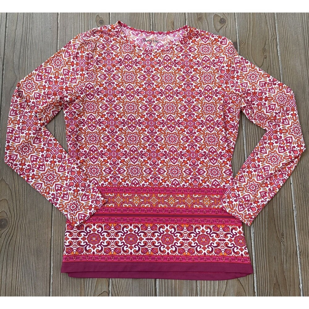 Lands' End Red Pink Orange Stretch Rash Guard Sun Protection Long Sleeve Top XS